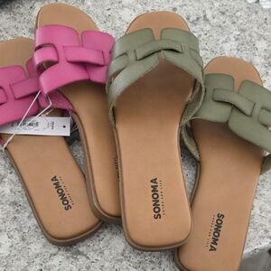 SONOMA Slide Sandals in Olive Green and Bright Pink